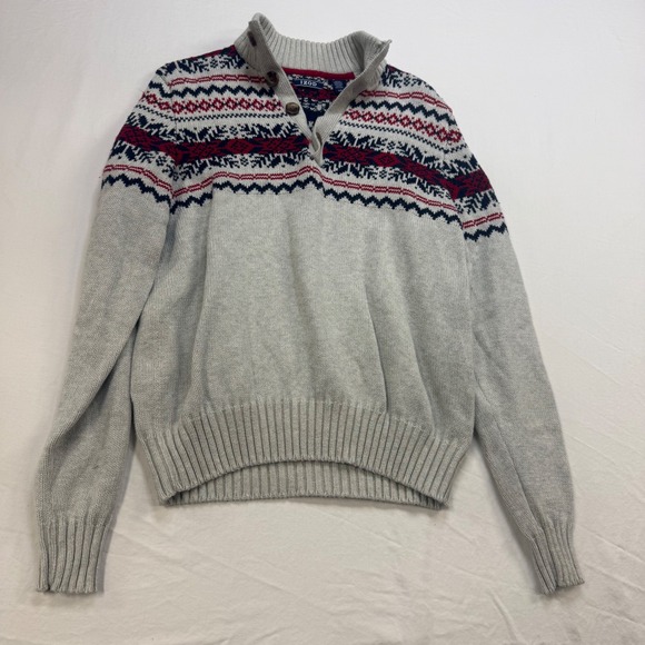 Izod Other - IZOD Mens Fair Isle Mock Neck Quarter Button Sweater Grey Navy Red Small